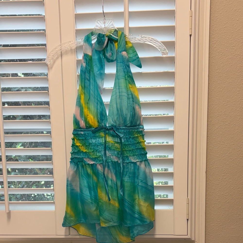 Lucy Paris Teal, Yellow, Green & White Halter Top With Padding - Medium